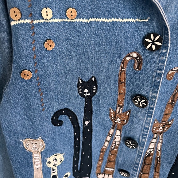 Vintage Jean Denim Jacket Cat Mom Embroidery Appliqué Quirky Cottagecore Artsy S - Picture 6 of 15